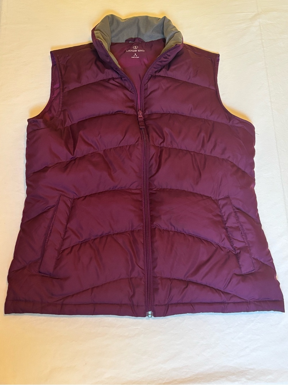 Lands' End Women's Plum Quilted Puffer Vest, Gray Lining and Side Snap Pockets